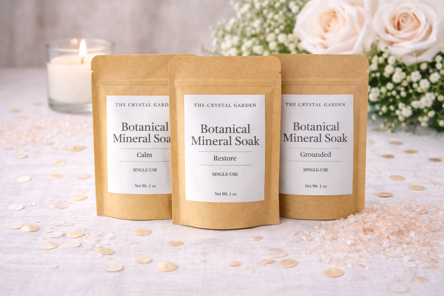 Botanical mineral sampler, set of 3 on wedding table. by the crystal garden