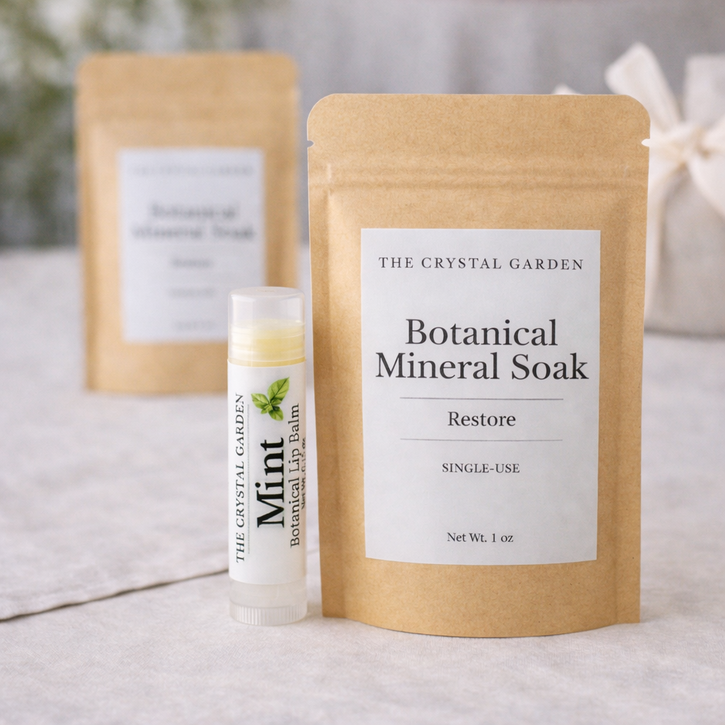 Botanical mineral soaks and mint lip balm in natural setting, bulk ordering