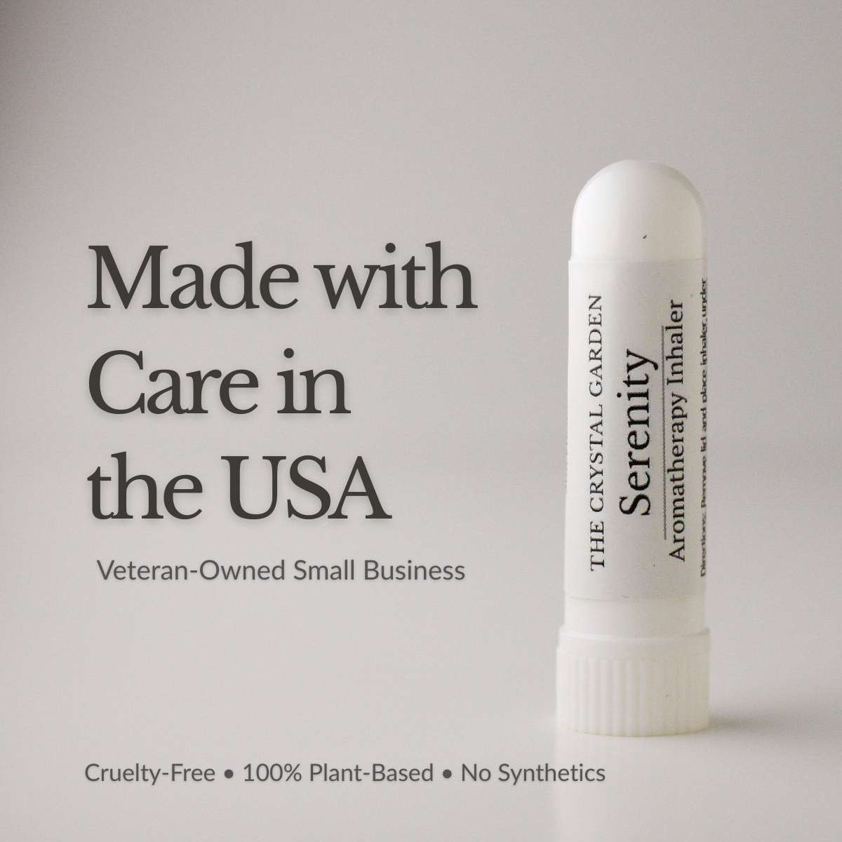 Serenity aromatherapy inhaler from The Crystal Garden with juniper berry, cedarwood atlas, and vetiver. Made in USA, veterain own small company