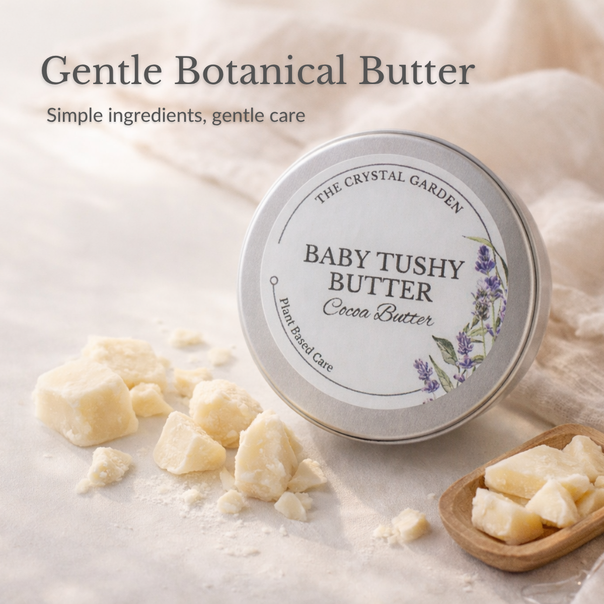 Baby Tushy Butter plant-based diaper balm cocoa butter blend in silver tin for sensitive skin