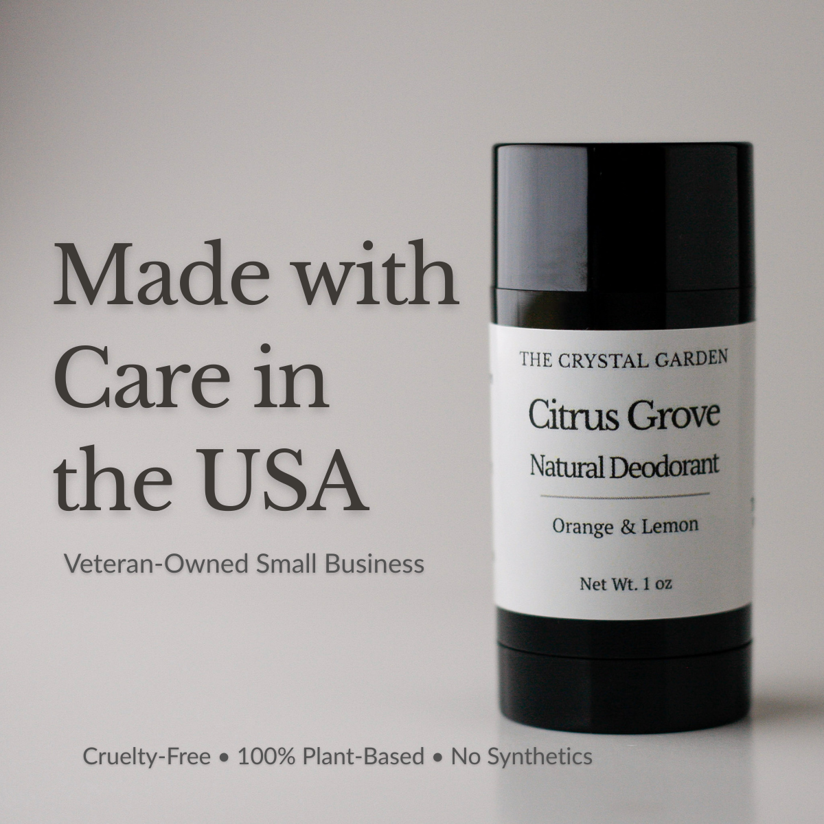 Citrus Grove Natural Deodorant plant-based deodorant with orange, lemon, and lime essential oils in black twist-up tube