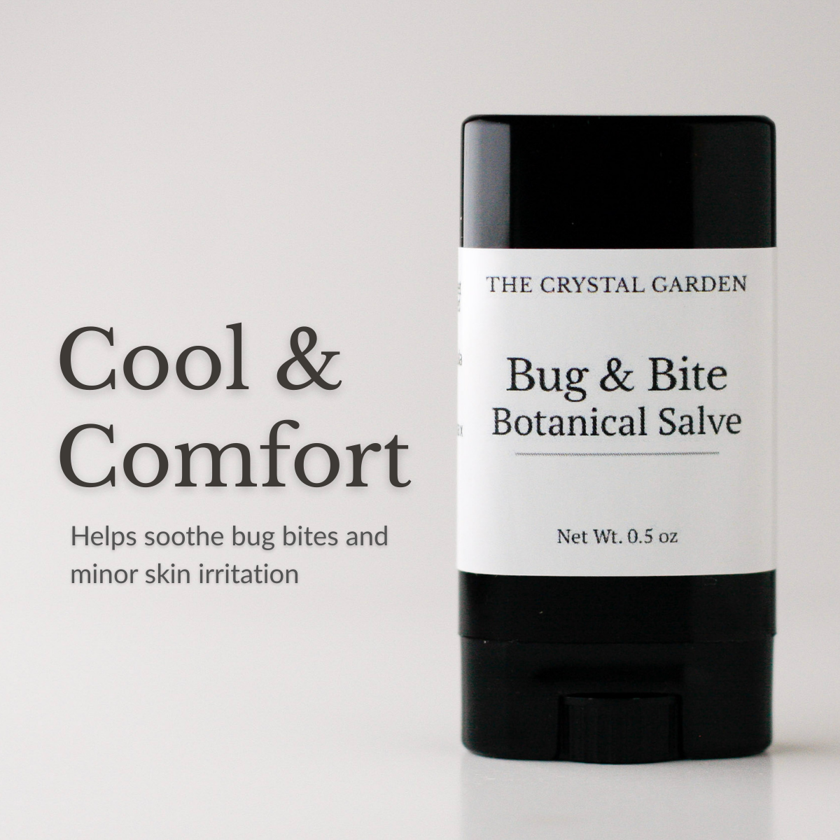 cooling comfort, Bug & Bite Botanical Salve in a black 0.5 oz twist-up tube with minimal label on a soft neutral background, suporting photo(8).png