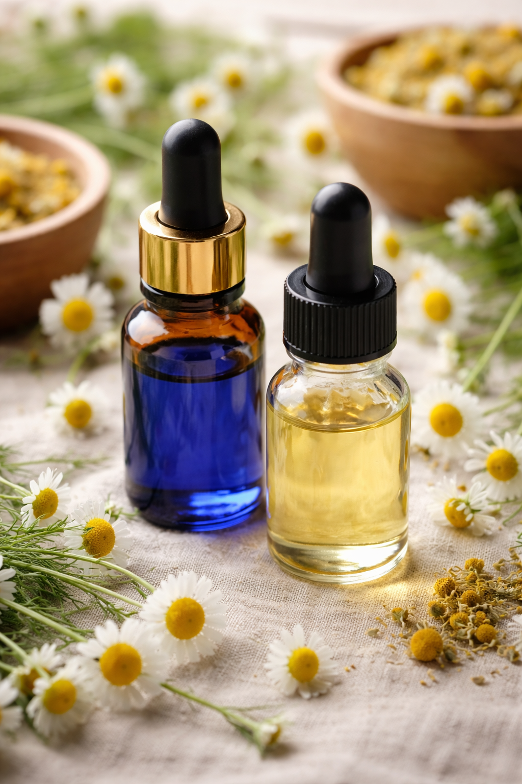 close up of two dropper bottles one with blue liquid and the second with alighter color. both surrounded but chamomile botanicals