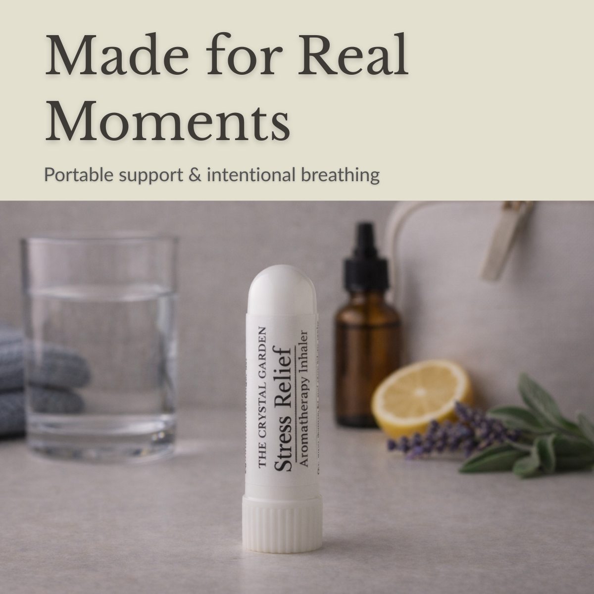 Stress relief aromatherapy inhlaer by the crystal garden. calm setting with botanicals