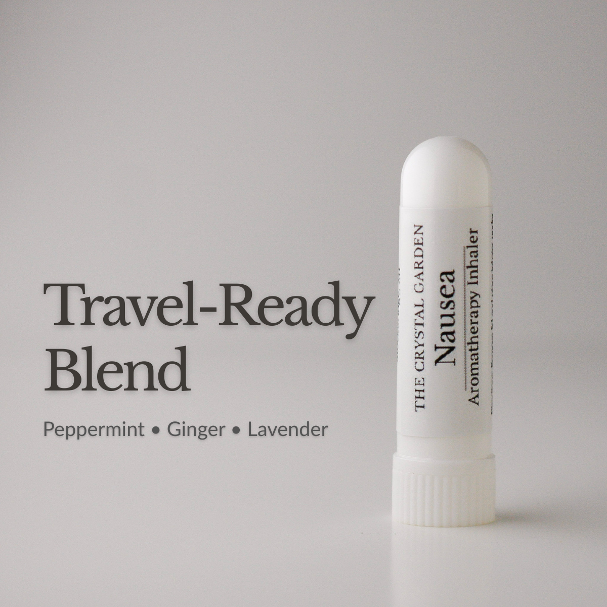 Nausea aromatherapy inhaler from The Crystal Garden with peppermint, ginger, and lavender essential oils.