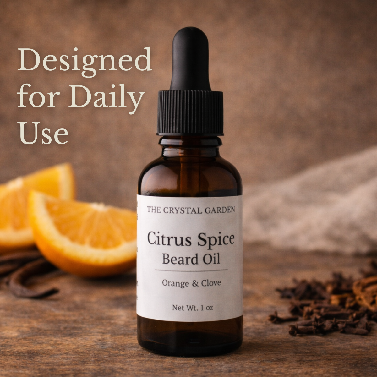 Citrus Spice beard oil displayed in a natural setting with citrus and spice elements for beard care