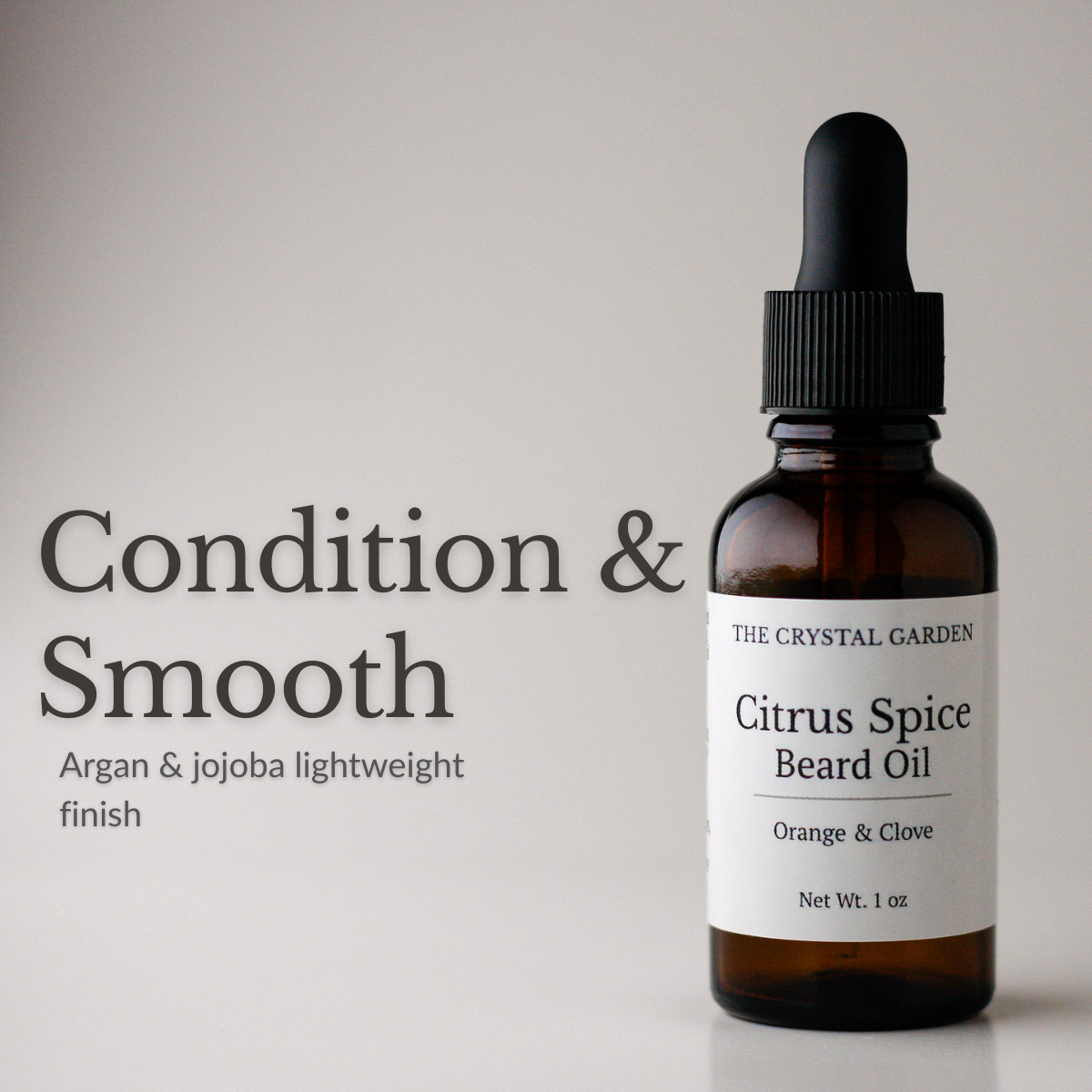 Citrus Spice beard oil from The Crystal Garden in amber glass bottle with warm citrus aroma