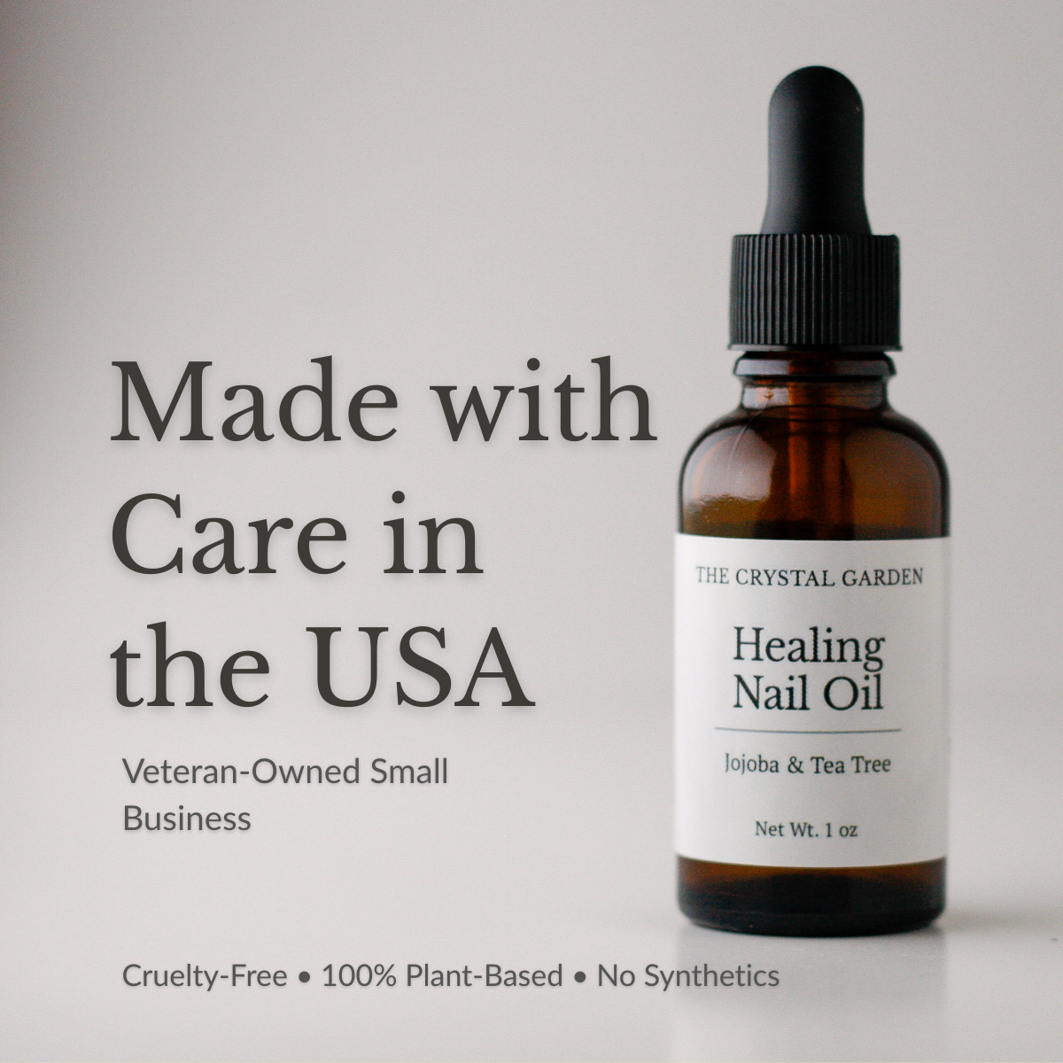 Healing Nail Oil botanical nail and cuticle oil in amber glass dropper bottle, Made in the USA, a veterain owned small company