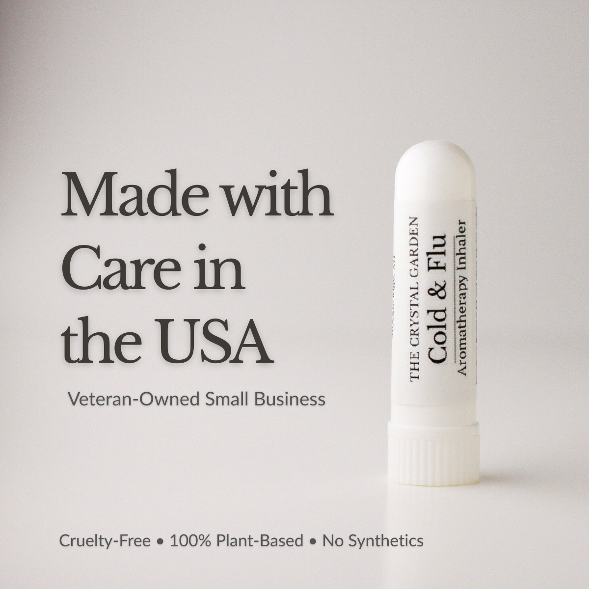 Cold & Flu aromatherapy inhaler from The Crystal Garden with black spruce, eucalyptus, lemon, and lime. Made in USA, veterin owned small company