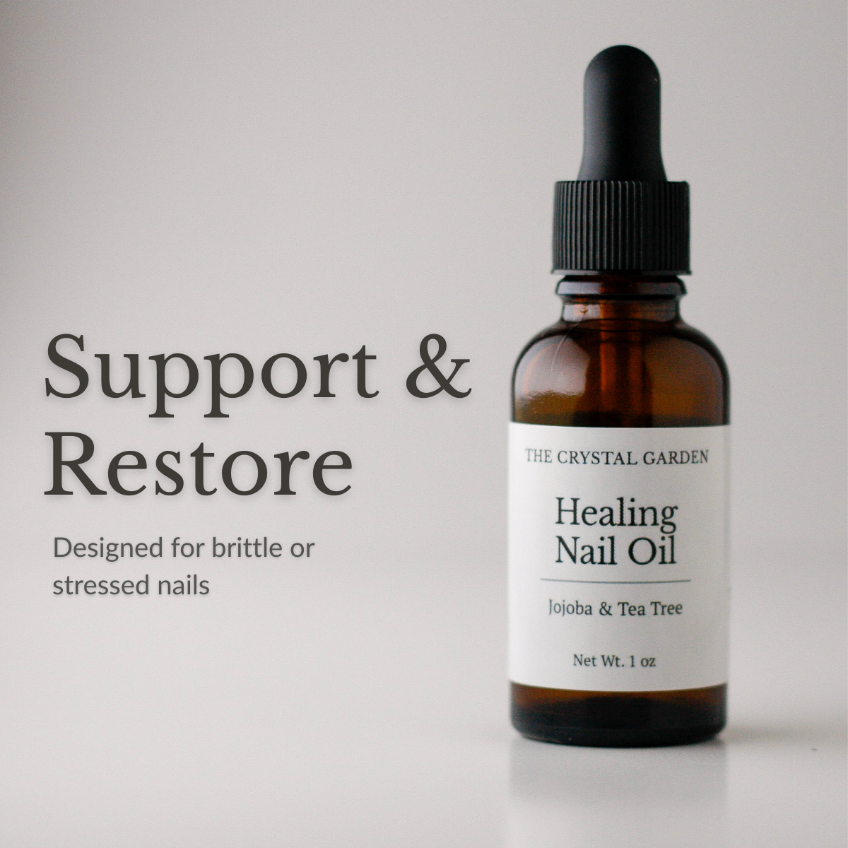 Healing Nail Oil botanical nail and cuticle oil in amber glass dropper bottle, Support and restore