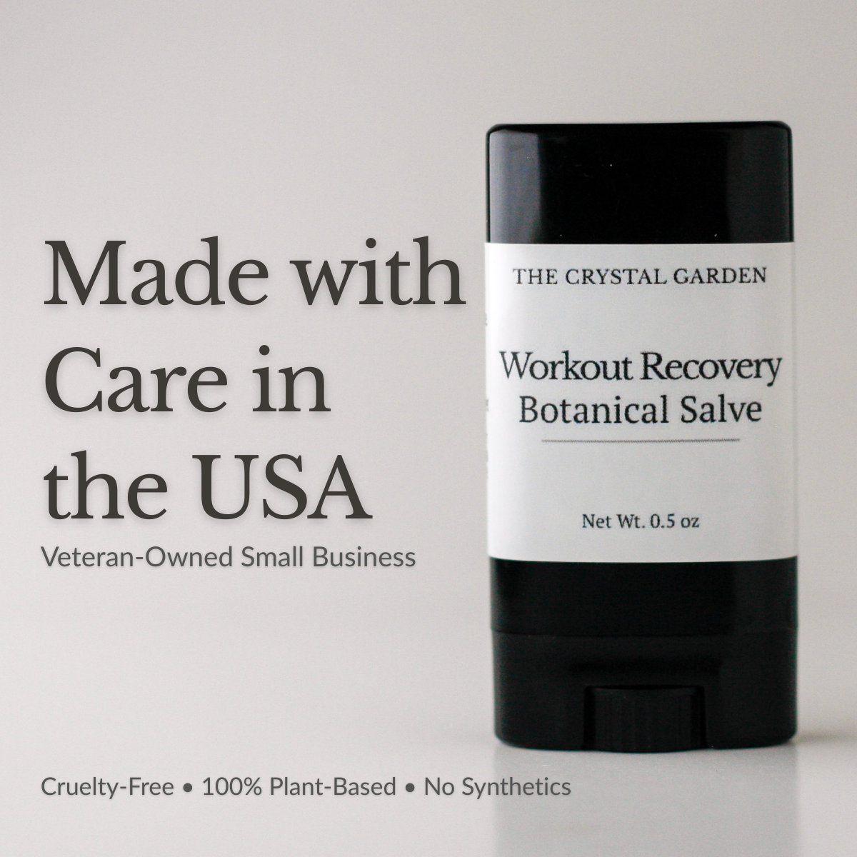 made in the usa, a veterin owned small business. Workout Recovery Botanical Salve in a black 0.5 oz twist-up tube with minimal label on a soft neutral background