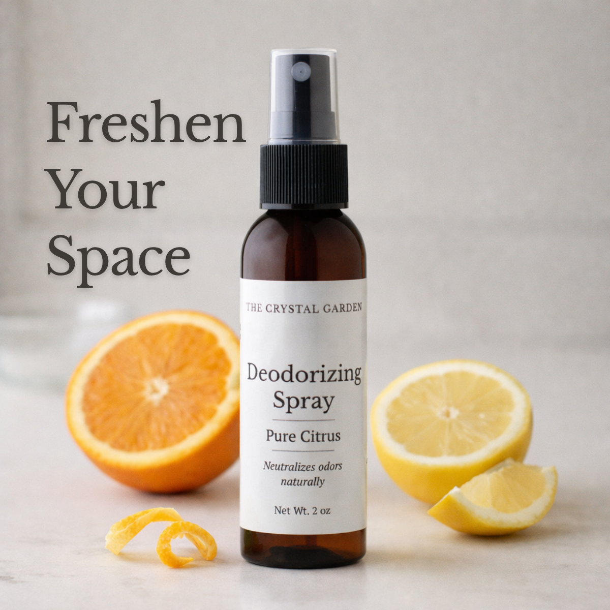 Pure Citrus deodorizing spray displayed with fresh lemon and orange on a clean light surface for natural odor neutralizing and home air freshening.