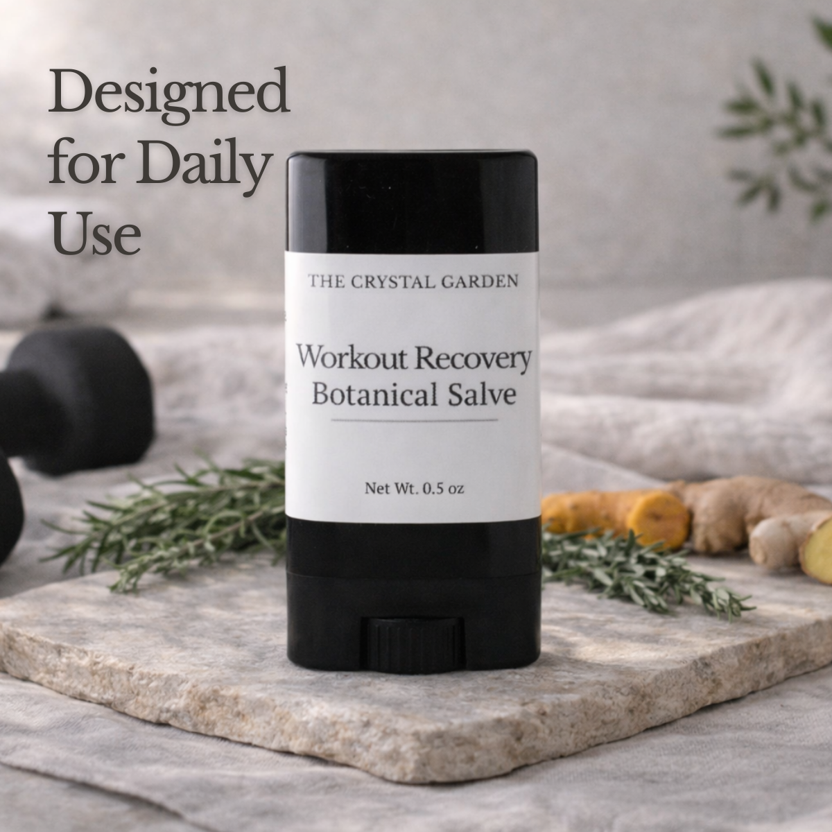 Workout Recovery Botanical Salve on linen with rosemary, ginger, and fitness elements in a warm, natural setting