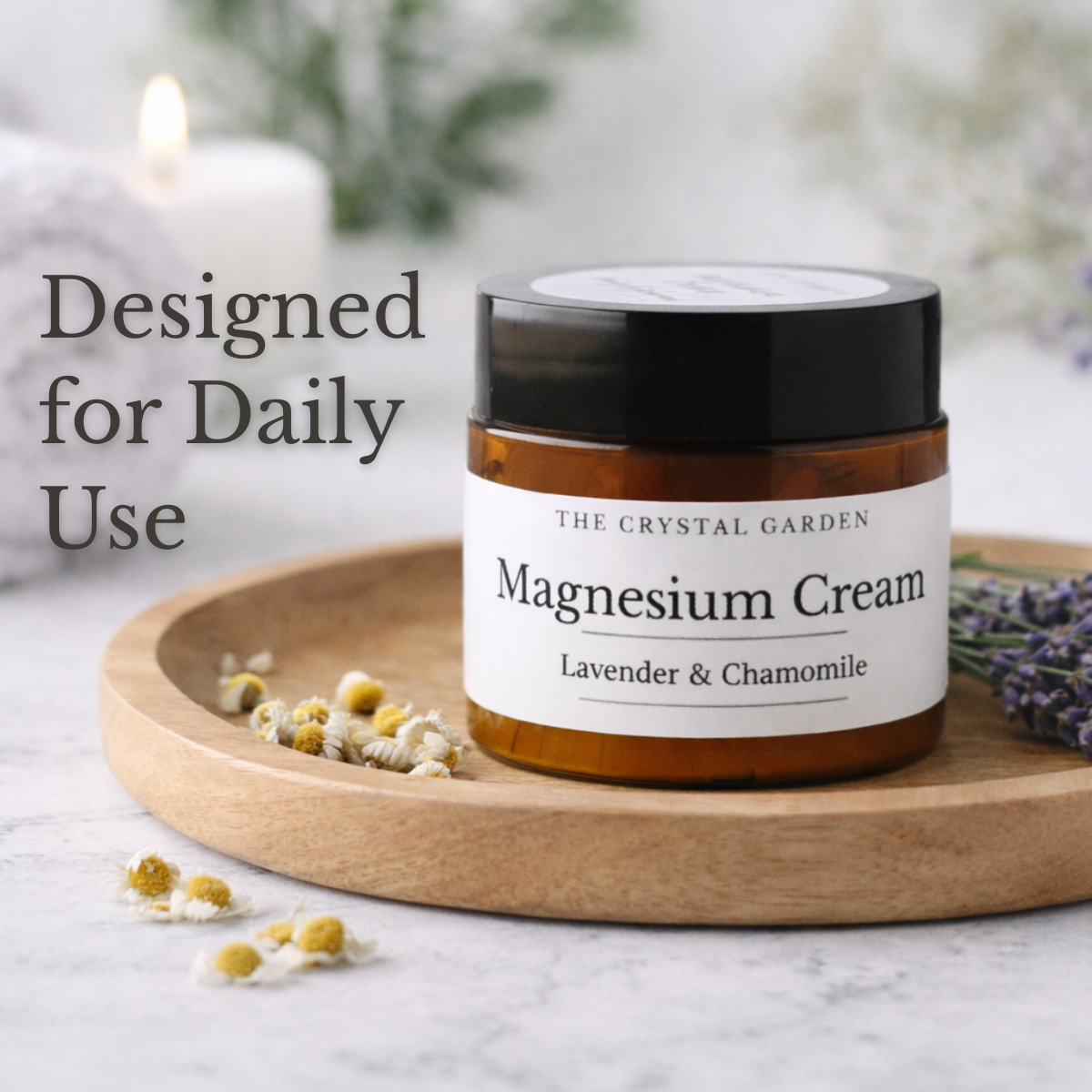 Magnesium Lavender & Chamomile Cream with lavender and chamomile botanicals in a calming spa setting
