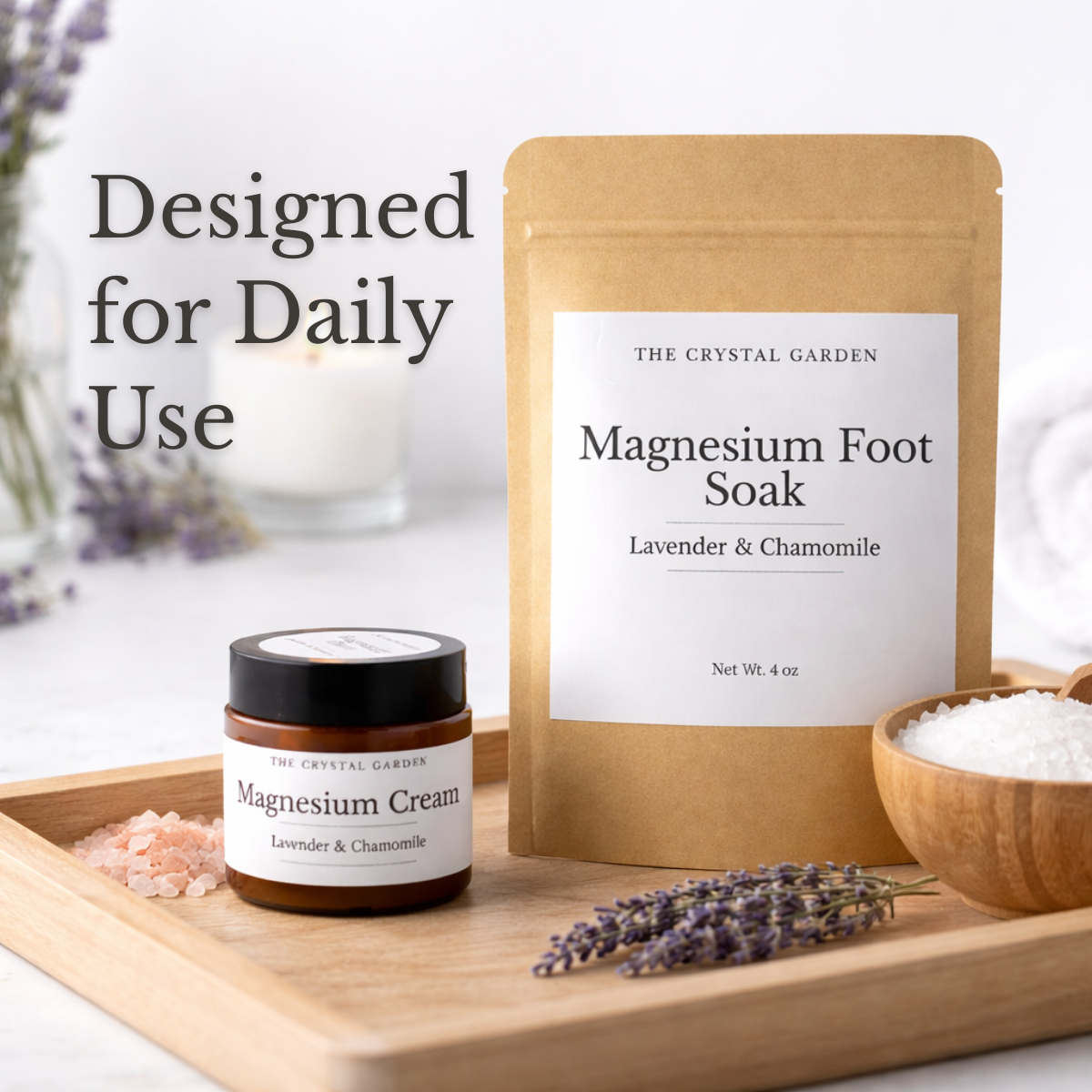 Magnesium Cream and Foot Soak Lavender Chamomile bundle in amber jar and mineral soak pouch