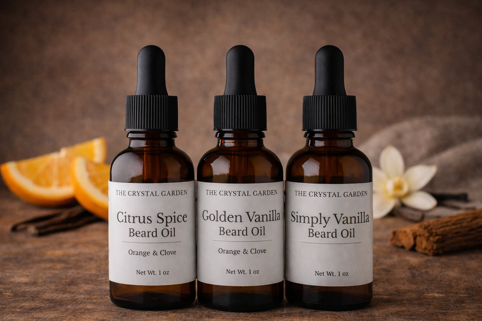 Beard oil trio displayed in a natural setting with botanical elements for everyday grooming