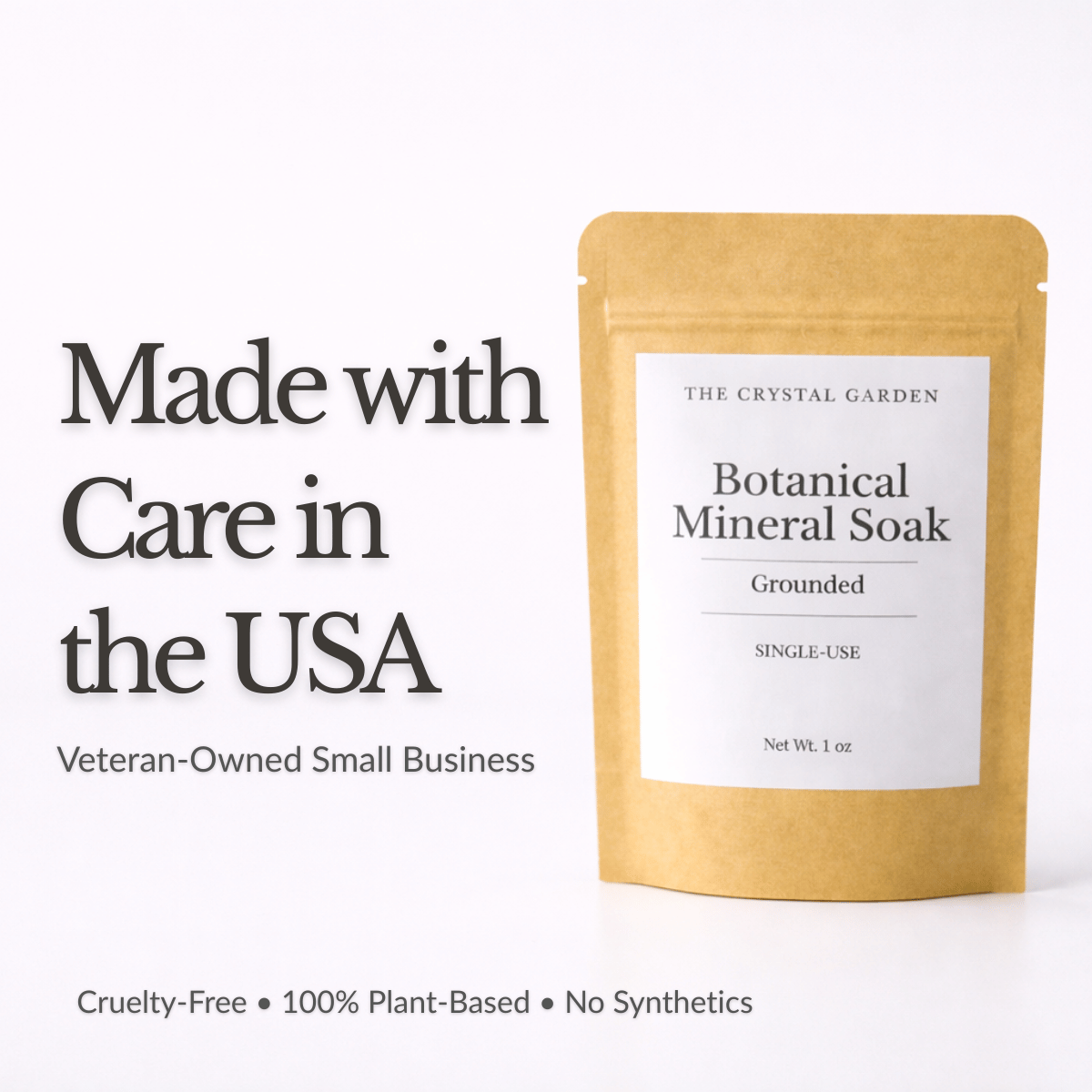 The Crystal Garden Botanical Mineral Soak Grounded single-use pouch with frankincense and cedarwood essential oils.. Made with care in USA, veterin owned small business