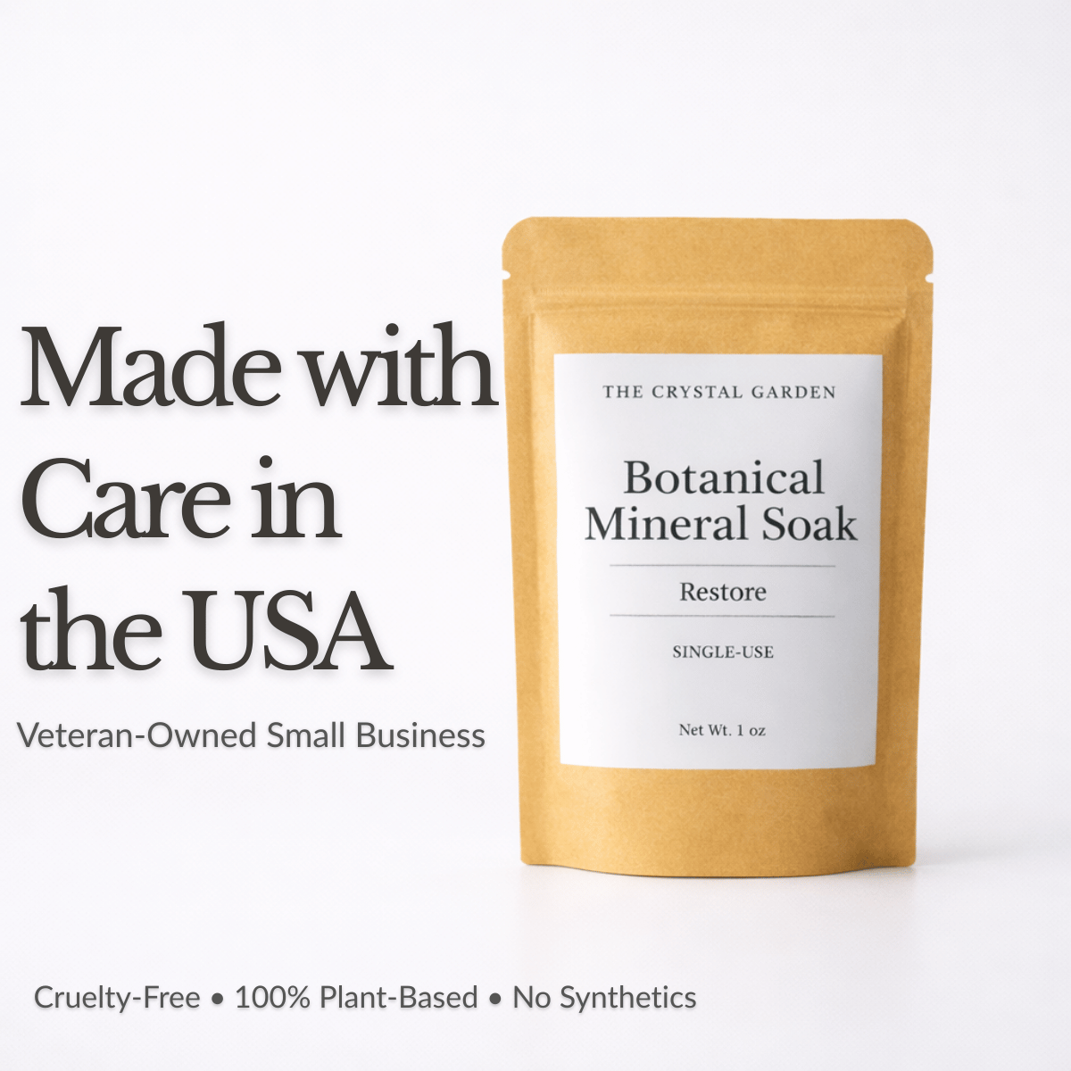 Botanical Mineral Soak Restore single-use pouch bath and foot soak. Made with care in USA, Veterin owned small company