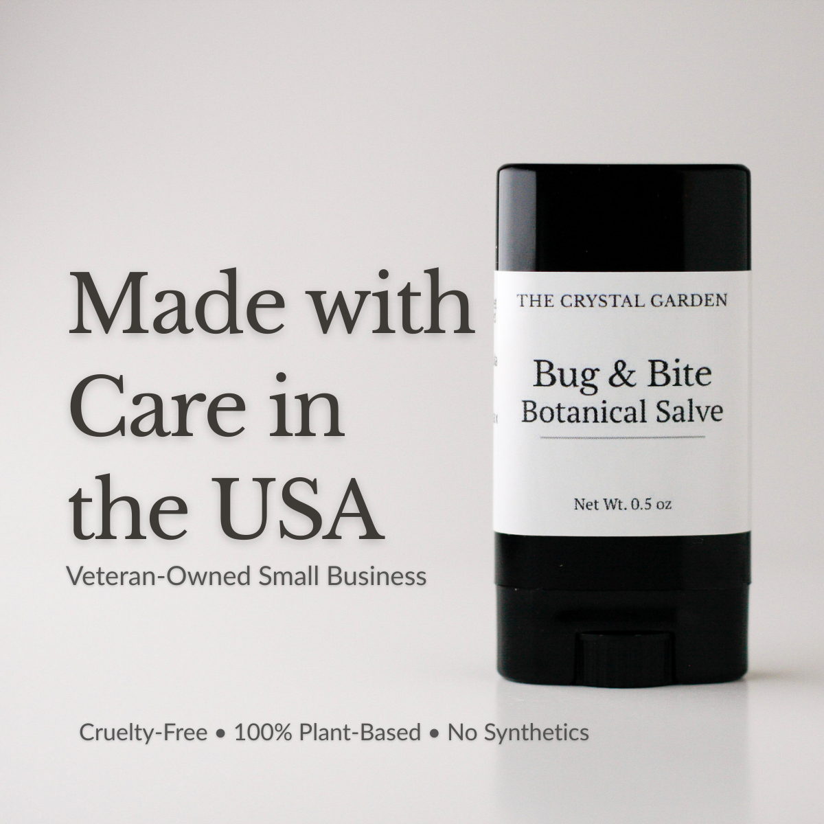 made in usa, veteran owned small business. Bug & Bite Botanical Salve in a black 0.5 oz twist-up tube with minimal label on a soft neutral background
