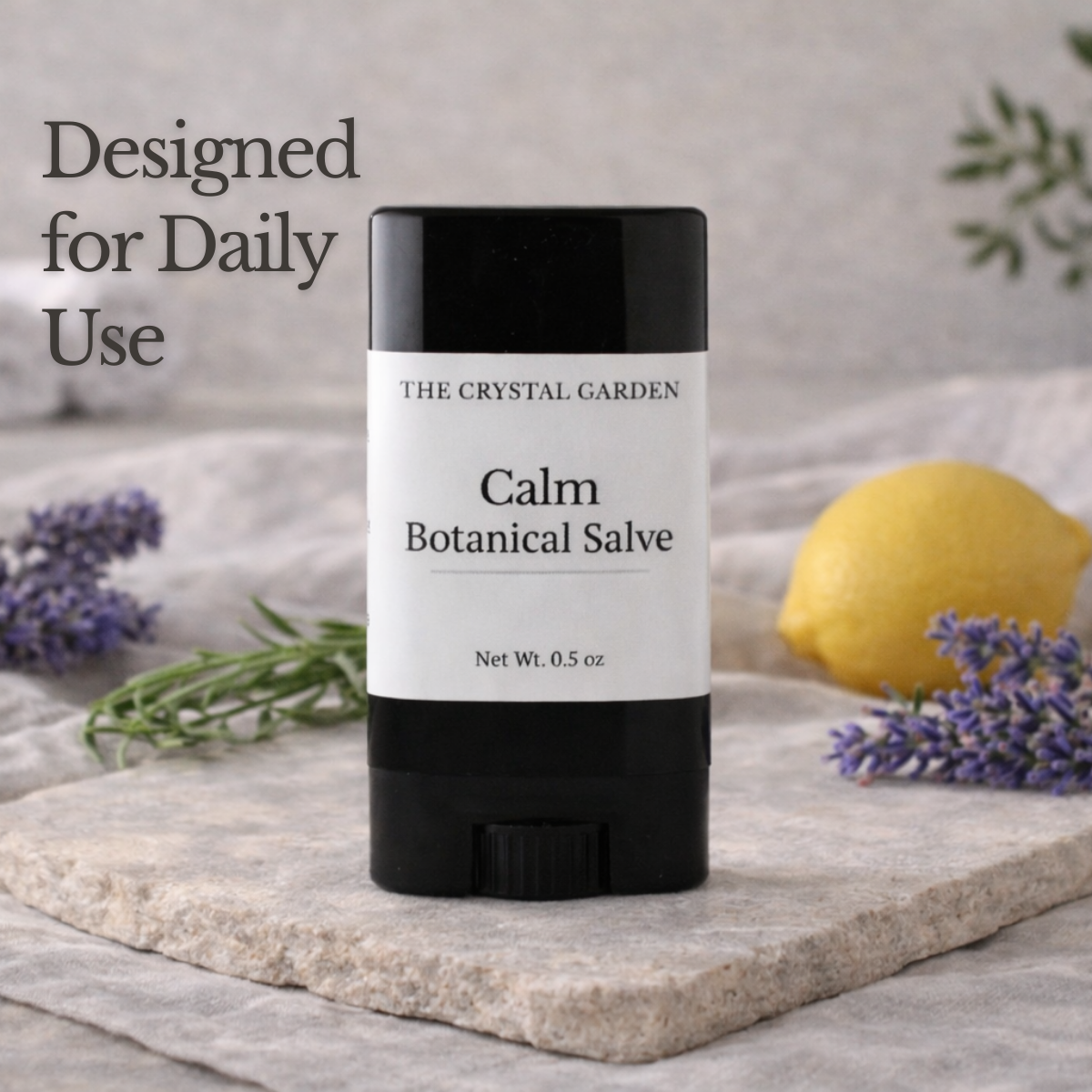 Calm Botanical Salve on linen with lavender and lemon in a soft, natural setting