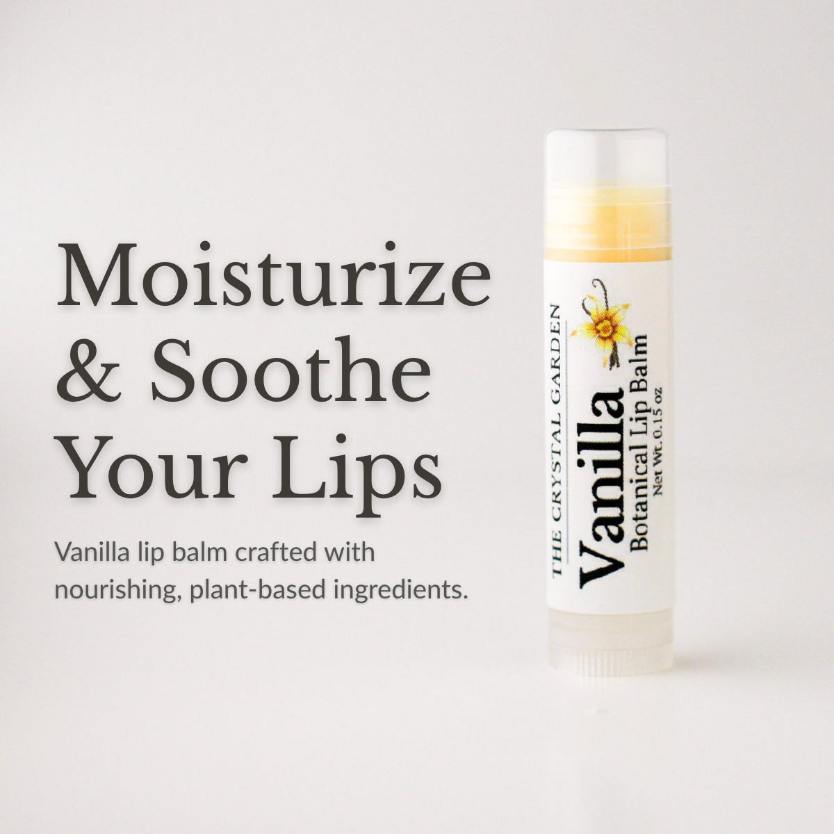 Vanilla Botanical Lip Balm in white tube with botanical vanilla flower label on soft gray background