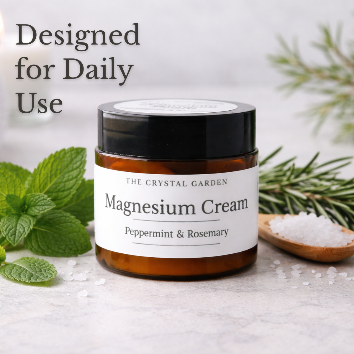 Peppermint Rosemary Magnesium Cream in amber jar with spa setting