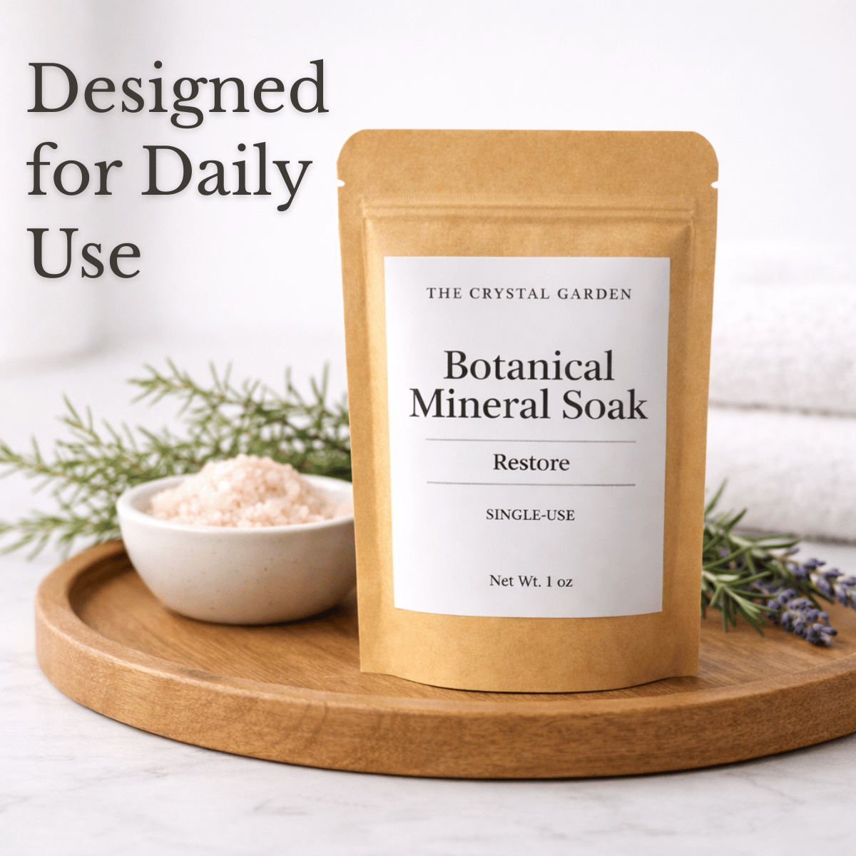 Botanical Mineral Soak Restore single-use mineral bath soak pouch with salts and herbs