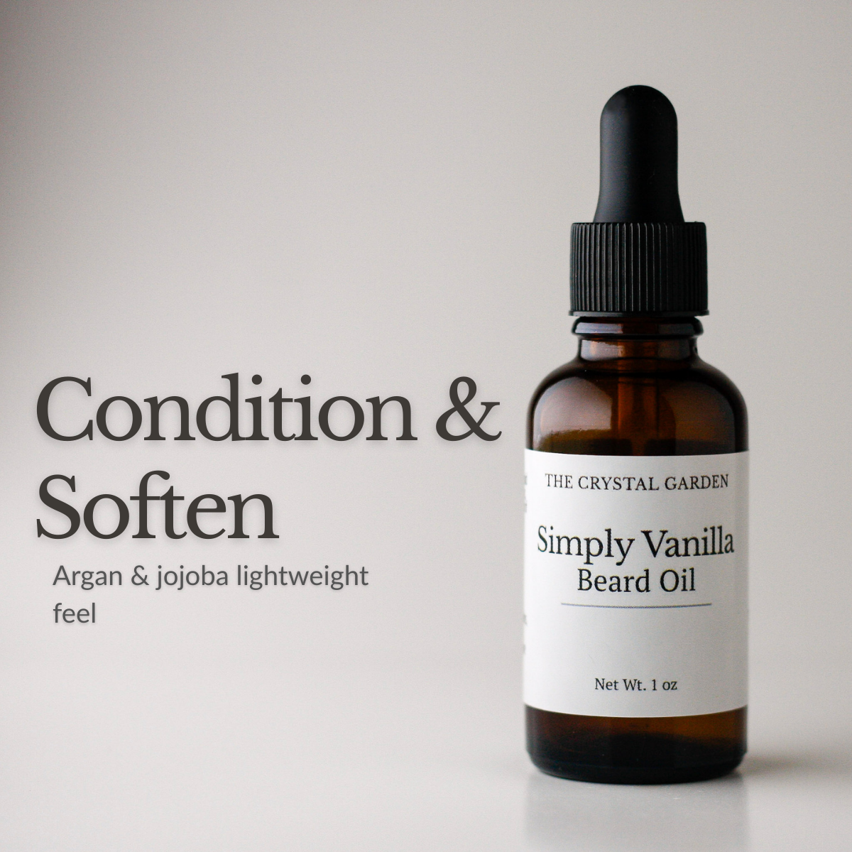 Simply Vanilla beard oil in amber glass dropper bottle with warm vanilla aroma profile