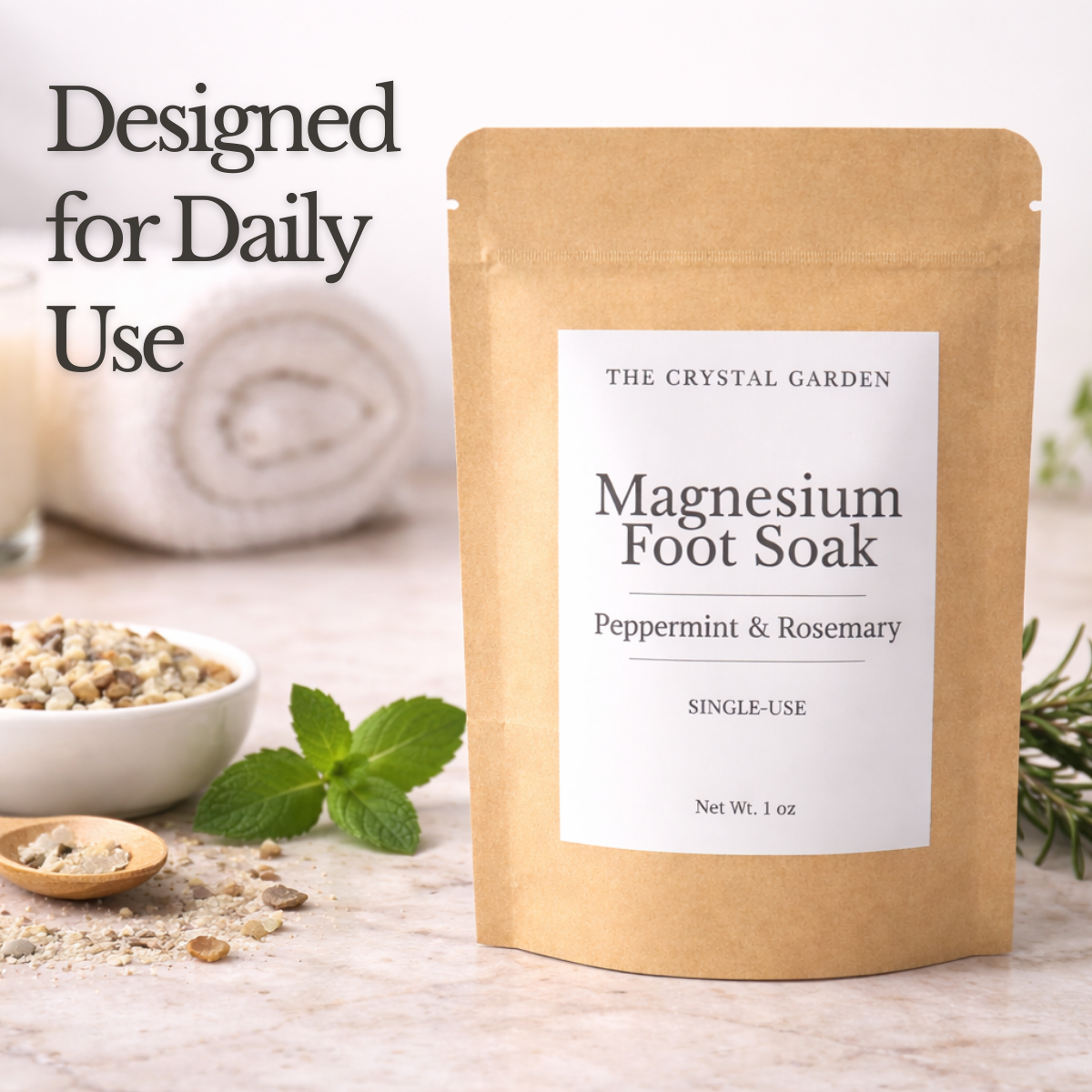Magnesium foot soak pouches peppermint and rosemary in single-use and 4 oz sizes by The Crystal Garden.
