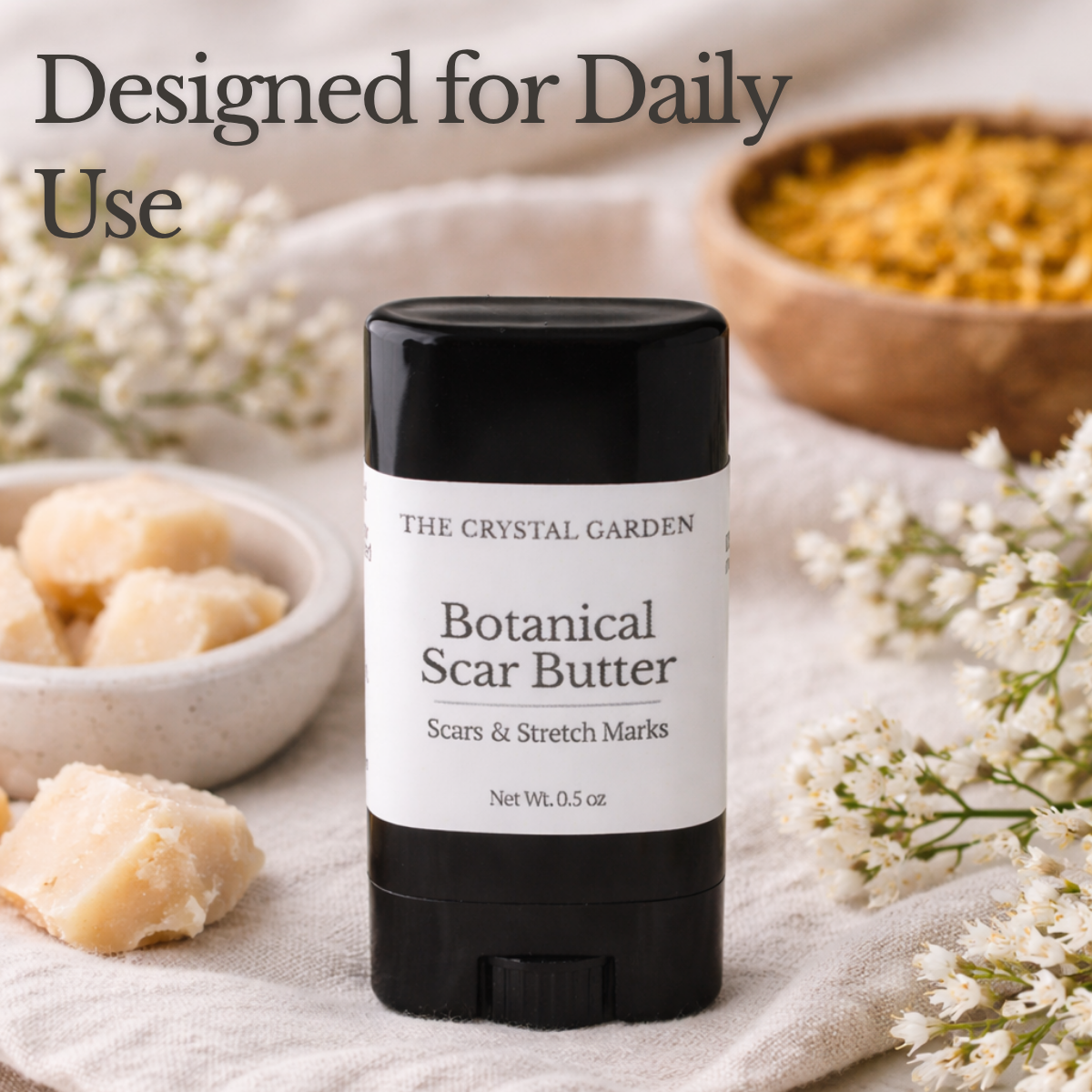 Botanical Scar Butter scars and stretch mark butter with botanical oils and plant butters for daily skin massage.