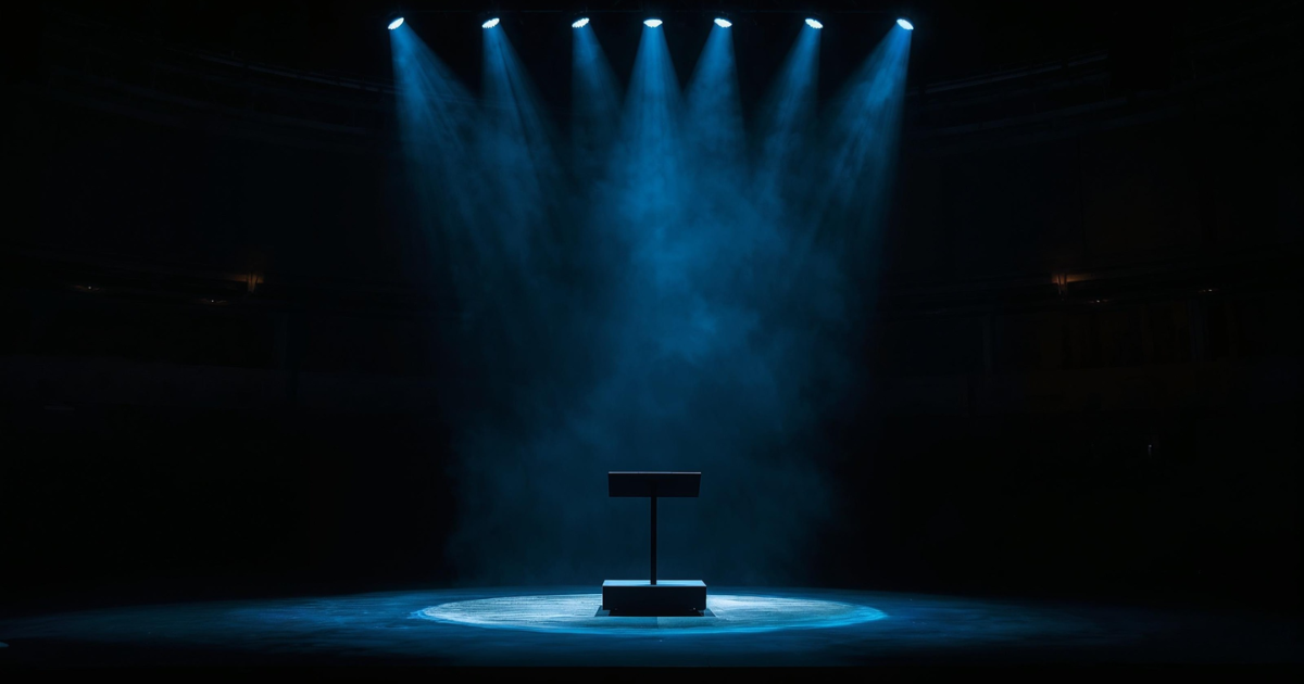 "A conductor's stage with blue spotlights and an empty podium, representing the Story Manager as the strategic function that orchestrates brand narrative across every channel, inFocus PR by Gabriel Andriollo.