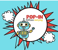 A cartoon robot waving with clouds and a burst background behind a circle with the text 'POP-IN food and play'.