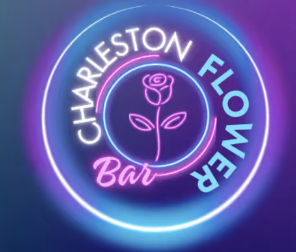 Neon sign for Charleston Flower Bar featuring a pink rose inside a circle, with the words Charleston Flower Bar in a circular arrangement.