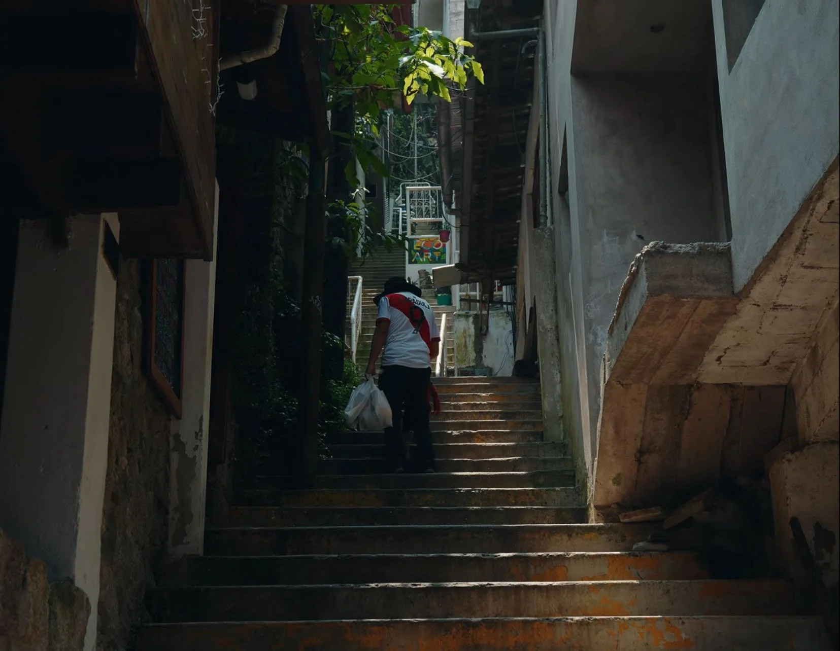 Person carrying bags walking up narrow outdoor stairs between buildings.