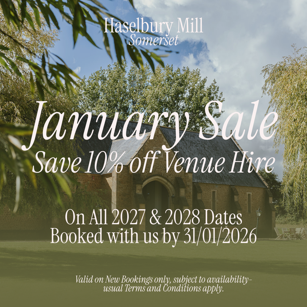 A promotional flyer for Haselbury Mill in Somerset, advertising a January sale with 10% off venue hire for 2027 and 2028 dates, booked by January 31, 2026, over a background of a historic brick building surrounded by trees under a partly cloudy sky.