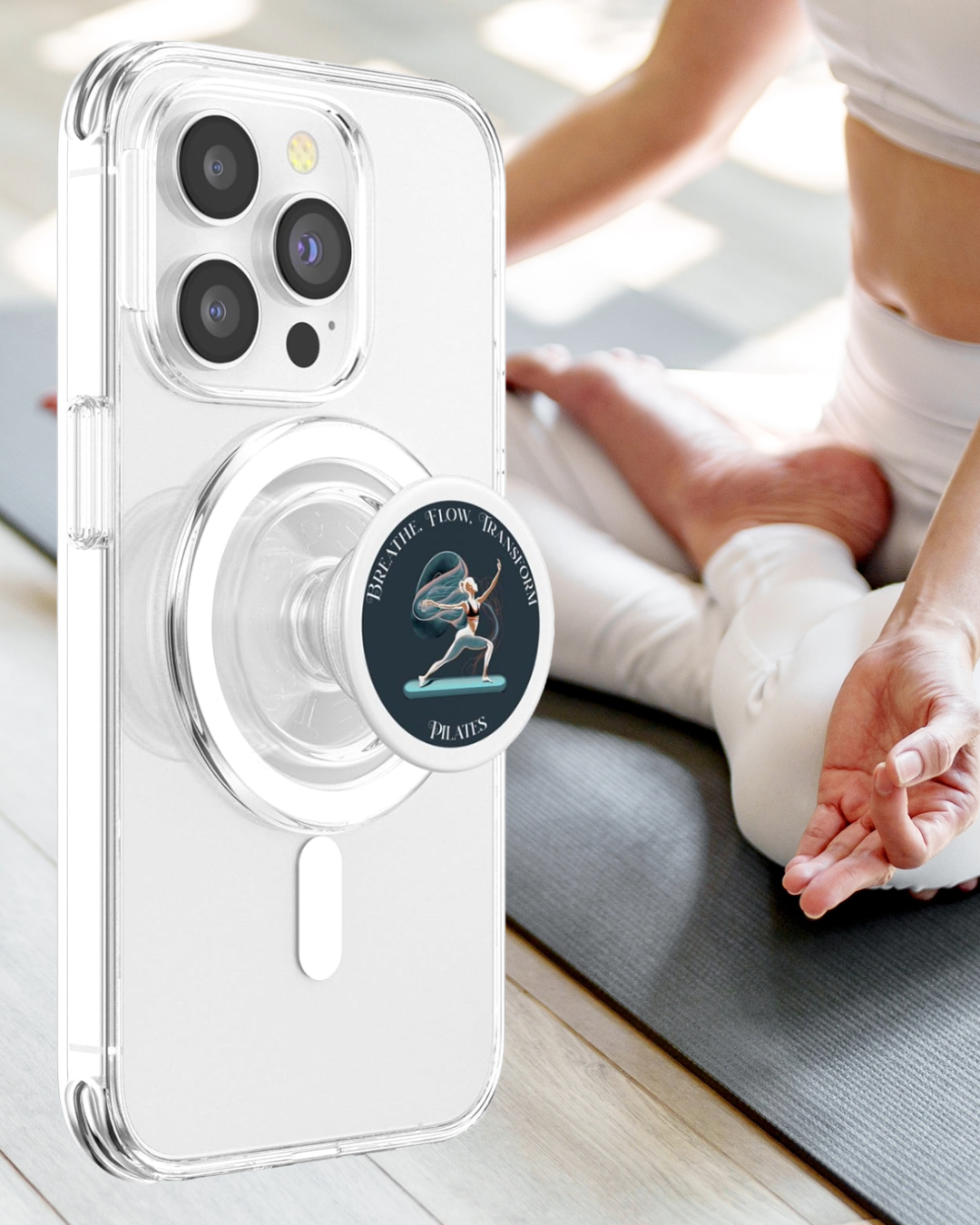Breathe, Flow, Transform, Pilates, Sport Fitness Inspiration PopSockets MagSafe PopGrip for iPhone