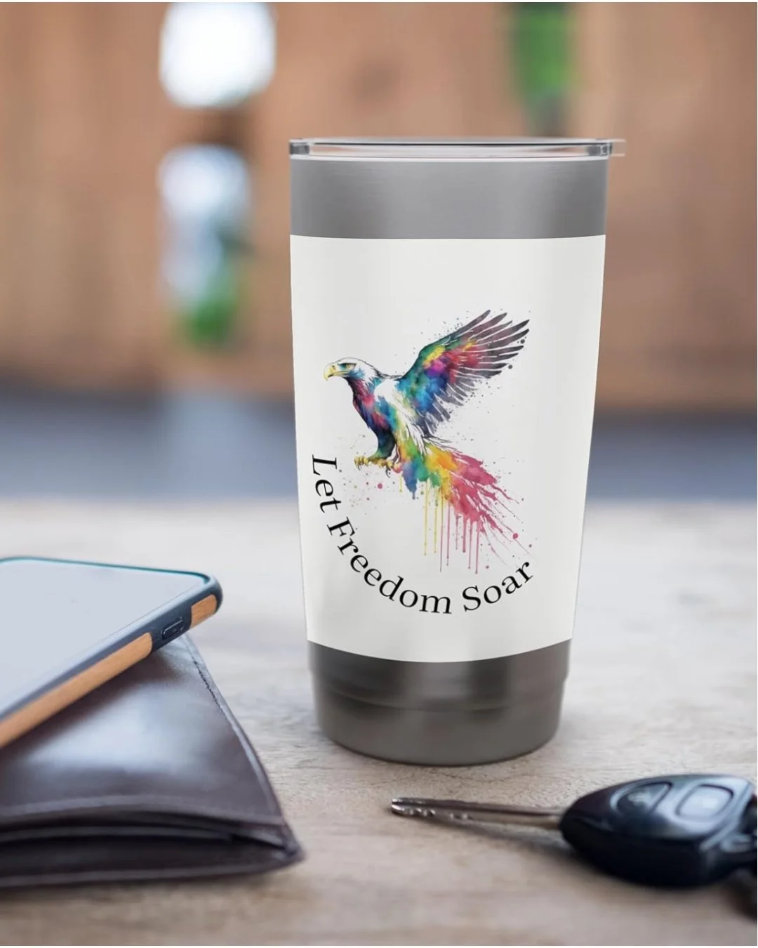 VIBRANT PATRIOTIC DESIGN: Features a bald eagle with colorful wings in a watercolor style, with &lsquo;Let Freedom Soar&rsquo; for bold American pride.

Celebrate American spirit with this multicolored bald eagle design, featuring vibrant watercolor 