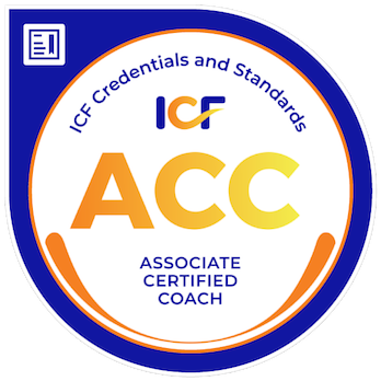 Logo for ICF Credentials and Standards featuring the text "ACC Associate Certified Coach" with the ICF logo at the top and a circular design.