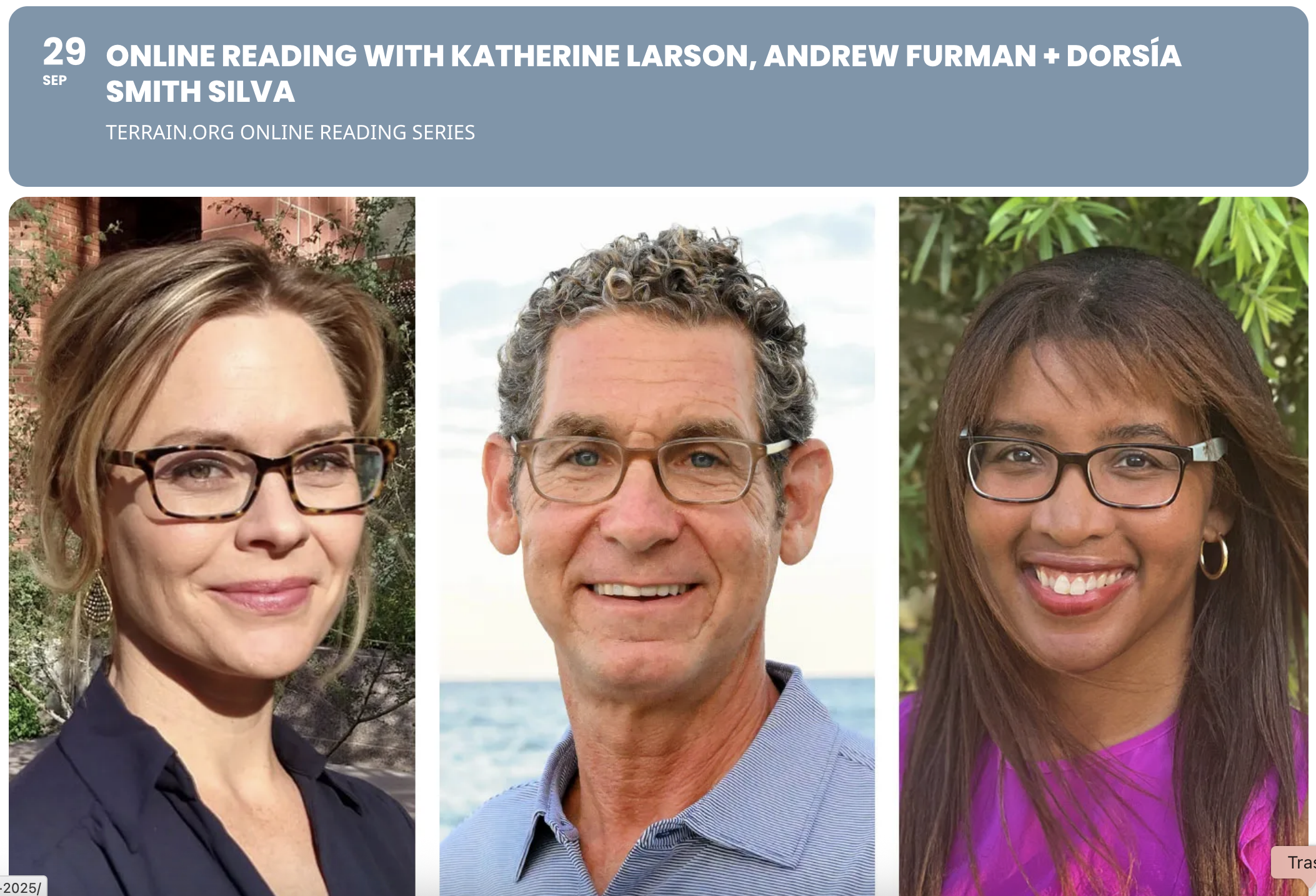 Reading: Dorsía Smith Silva, Andrew Furman, and Katherine Larson online at Terrain.org