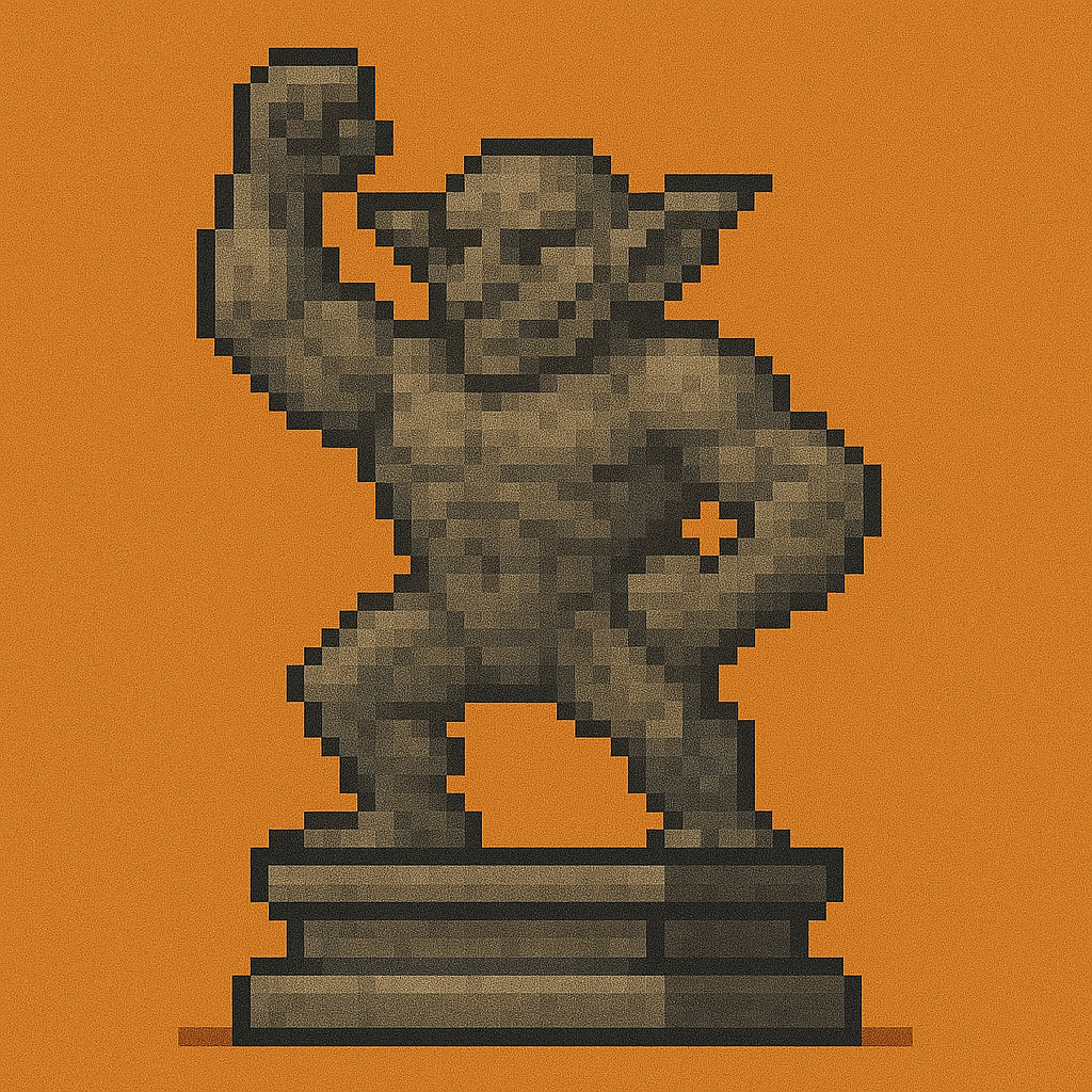 Pixel art goblin statue on orange background