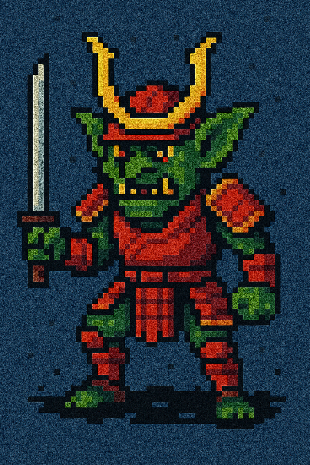 Pixel art of a green goblin wearing red samurai armor and holding a sword on a blue background.
