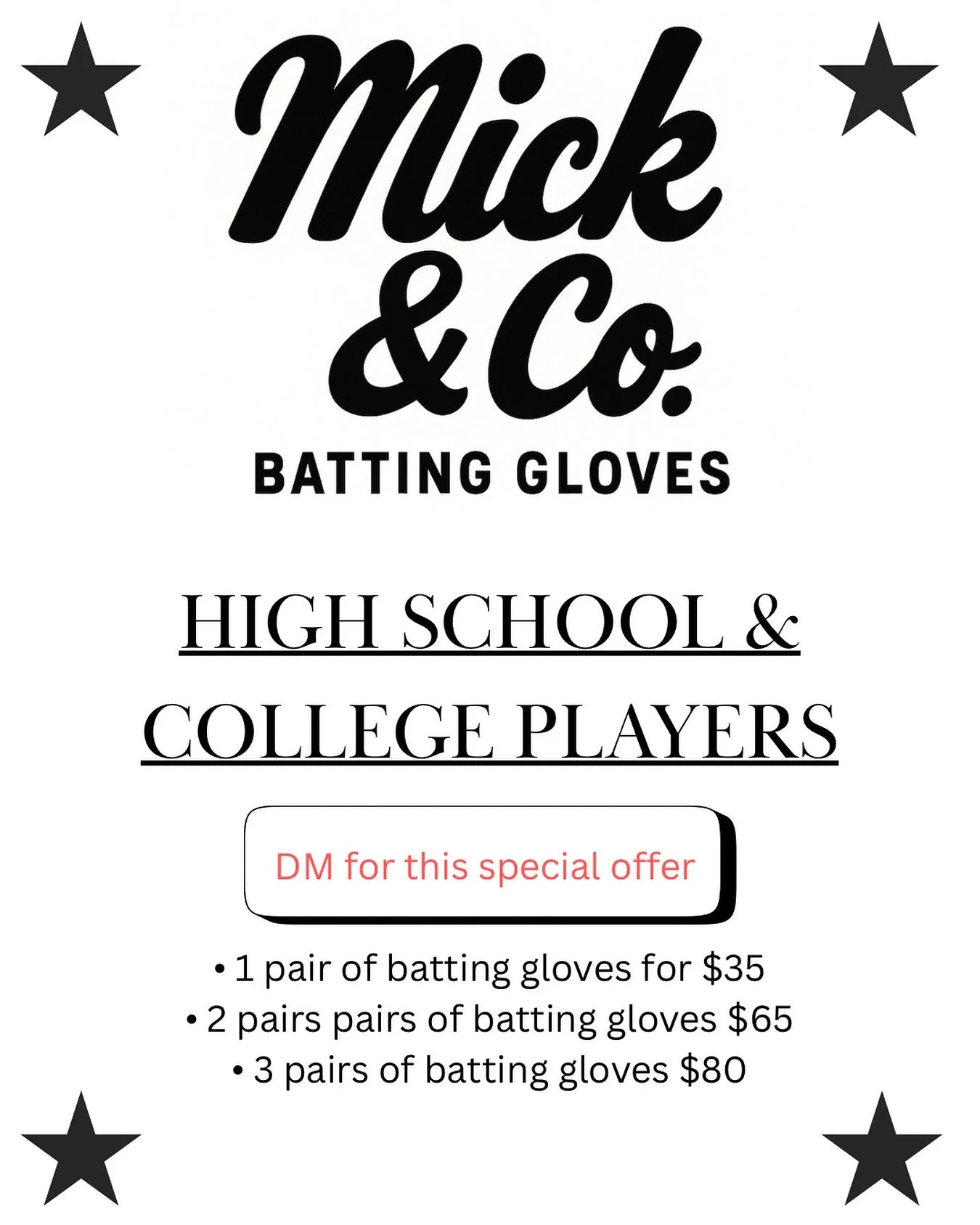 We&rsquo;re excited to drop a special offer for all high school and college ballplayers 🔥⚾️
You must DM us to claim this deal 👇
1 Pair 👉 $35
2 Pairs 👉 $65
3 Pairs 👉 $80
Gear up and rep your squad with premium quality &mdash; built for players wh