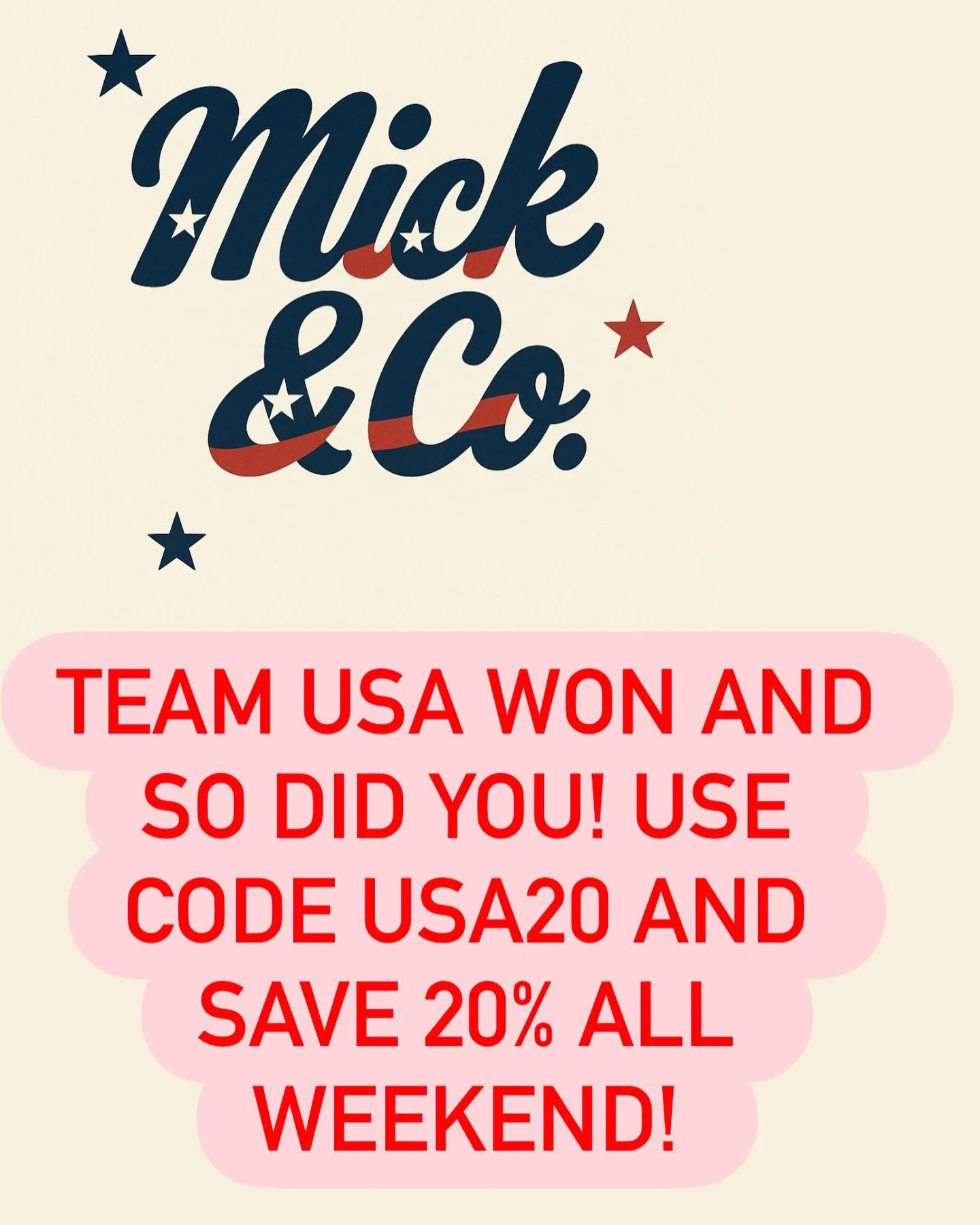 Save this weekend as we continue to cheer for Team USA! Use code USA20 to save!