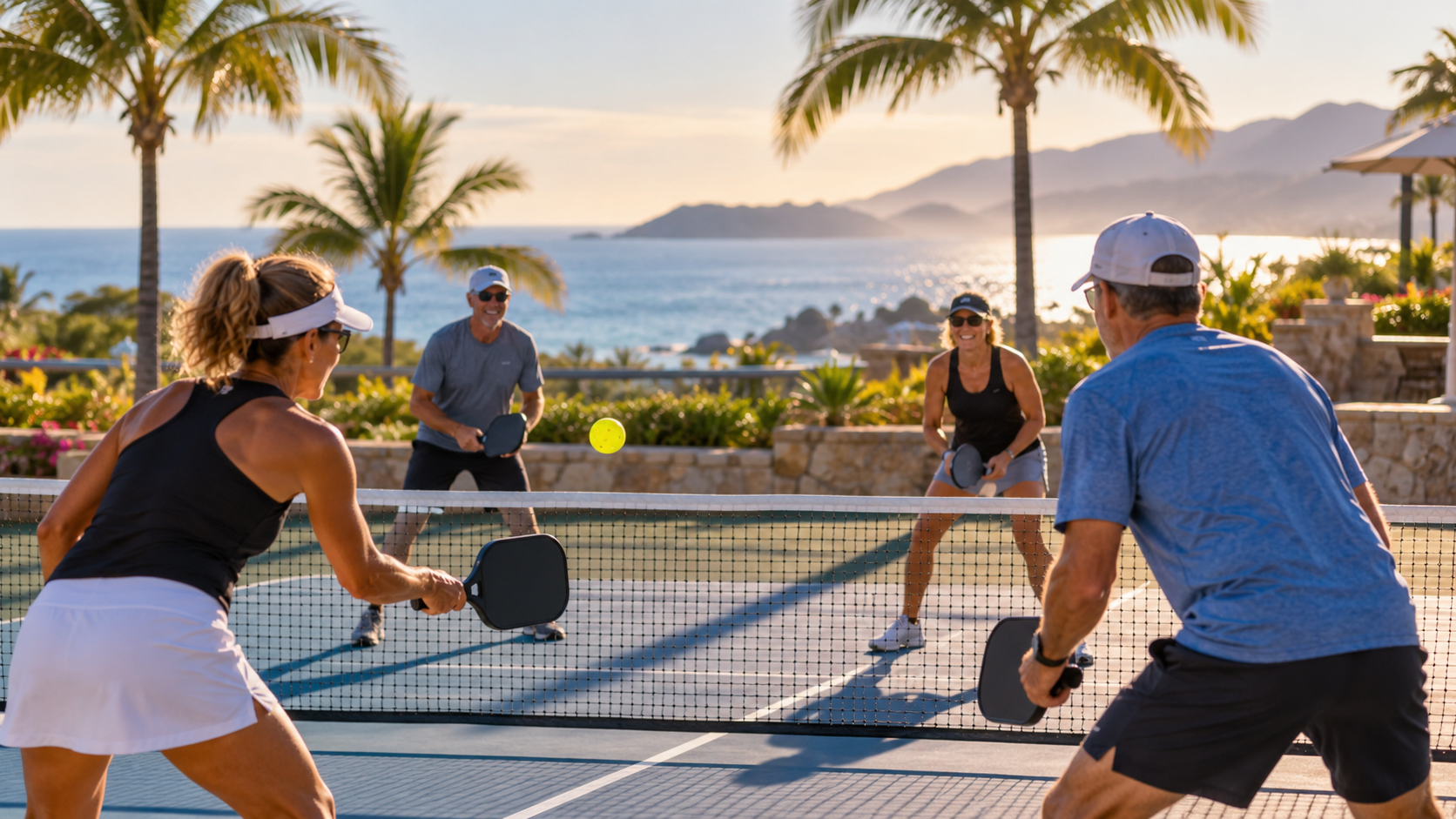 Pickleball players competing on an outdoor court near the coast.