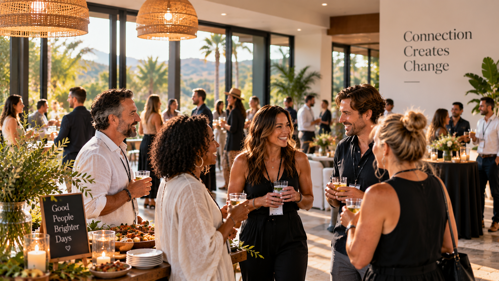 Guests connecting at a group event in an open-air setting.