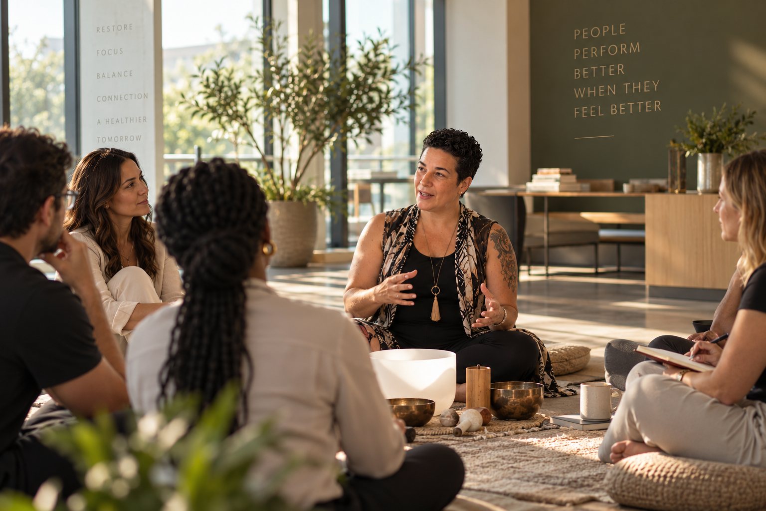 Tamar facilitating a restorative group experience with participants seated in a circle.