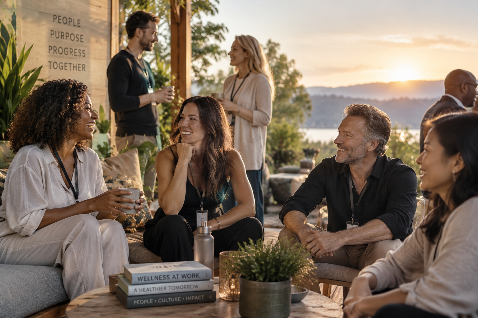 Group gathered outdoors at sunset, connecting through conversation.