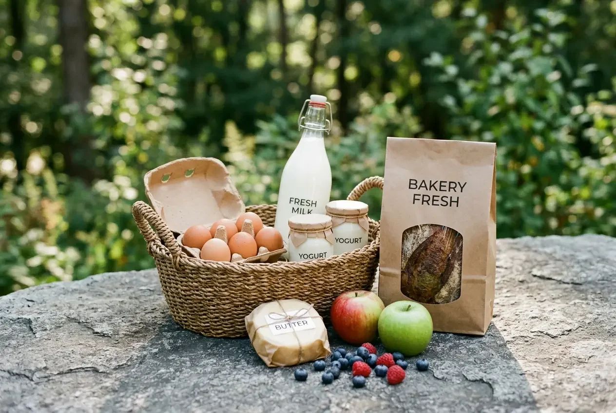 Fjellsangin Morning Shelf — eggs, butter, milk, bread, yogurt and fruit in a labeled basket on stone