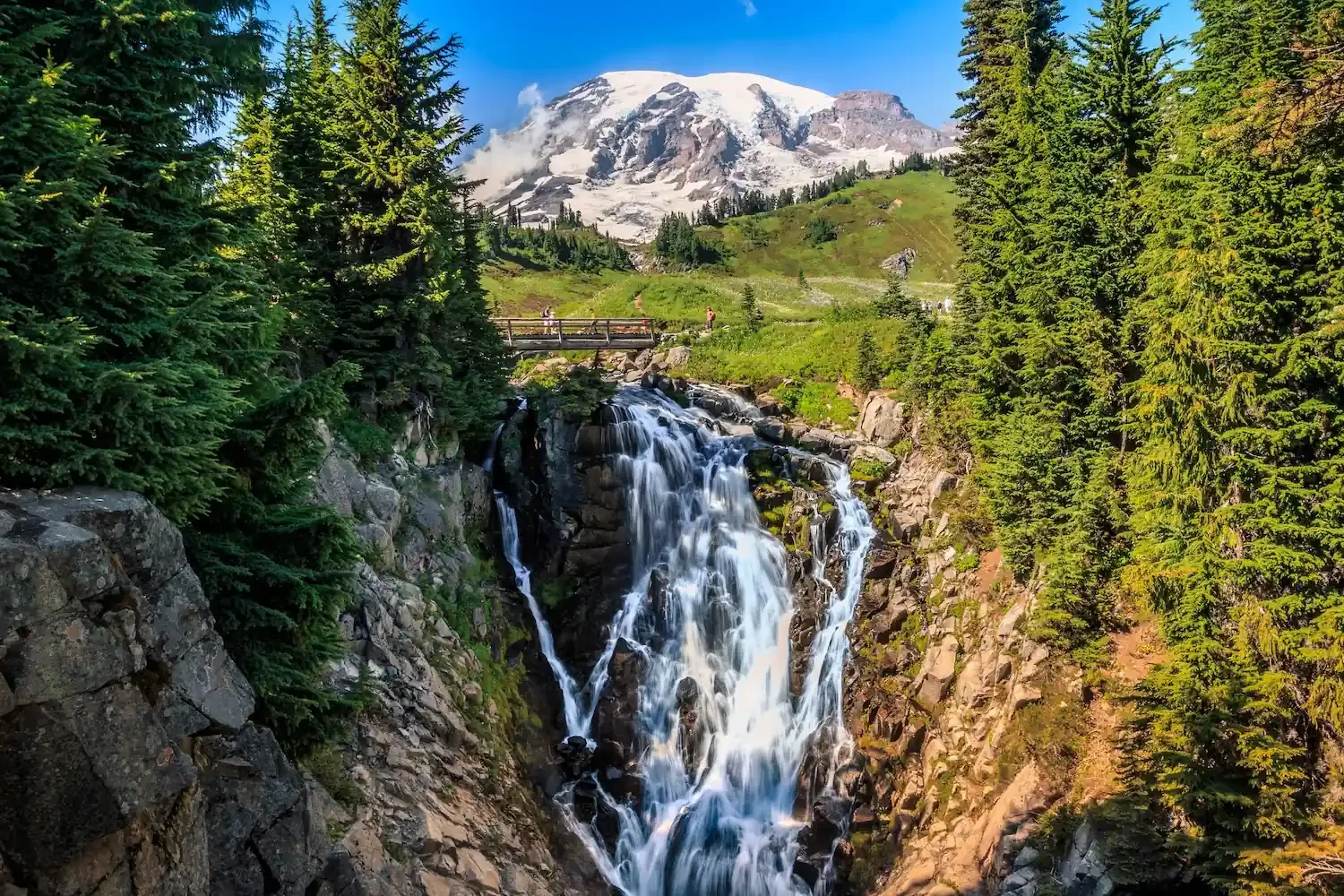 Myrtle Falls cascading below Mount Rainier in spring with snowmelt runoff — waterfall season near Fjellsangin cabin