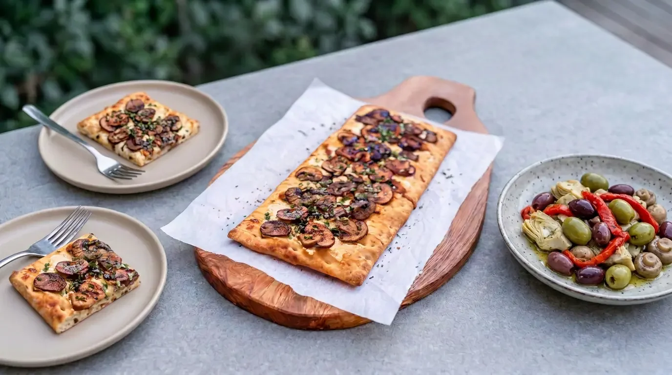 Fjellsangin Mountain Pizza Night — marinated mushroom pizza with artichokes, olives and peppers on a stone table